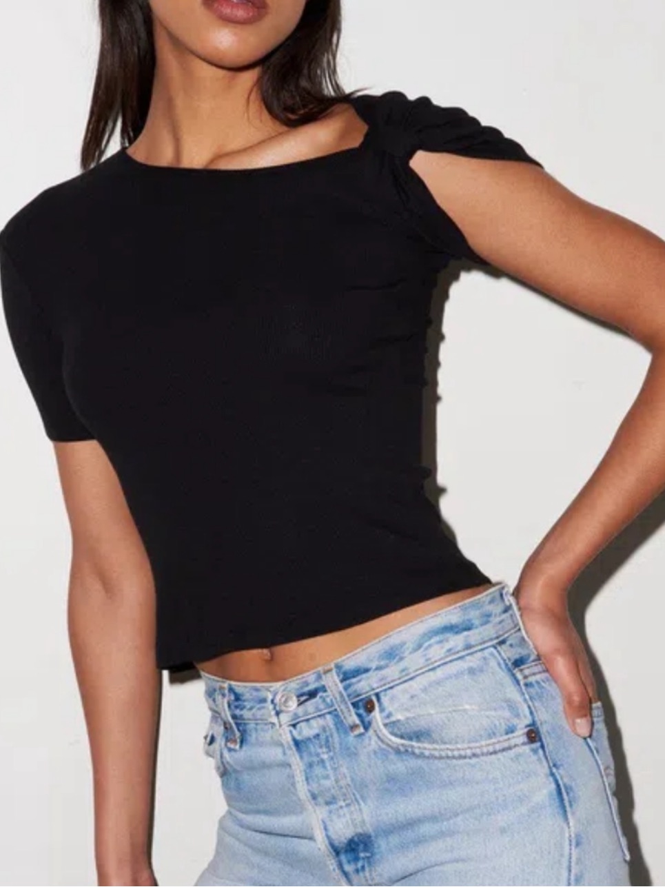 Lna Black Ribbed Knotted Shoulder Rio Top